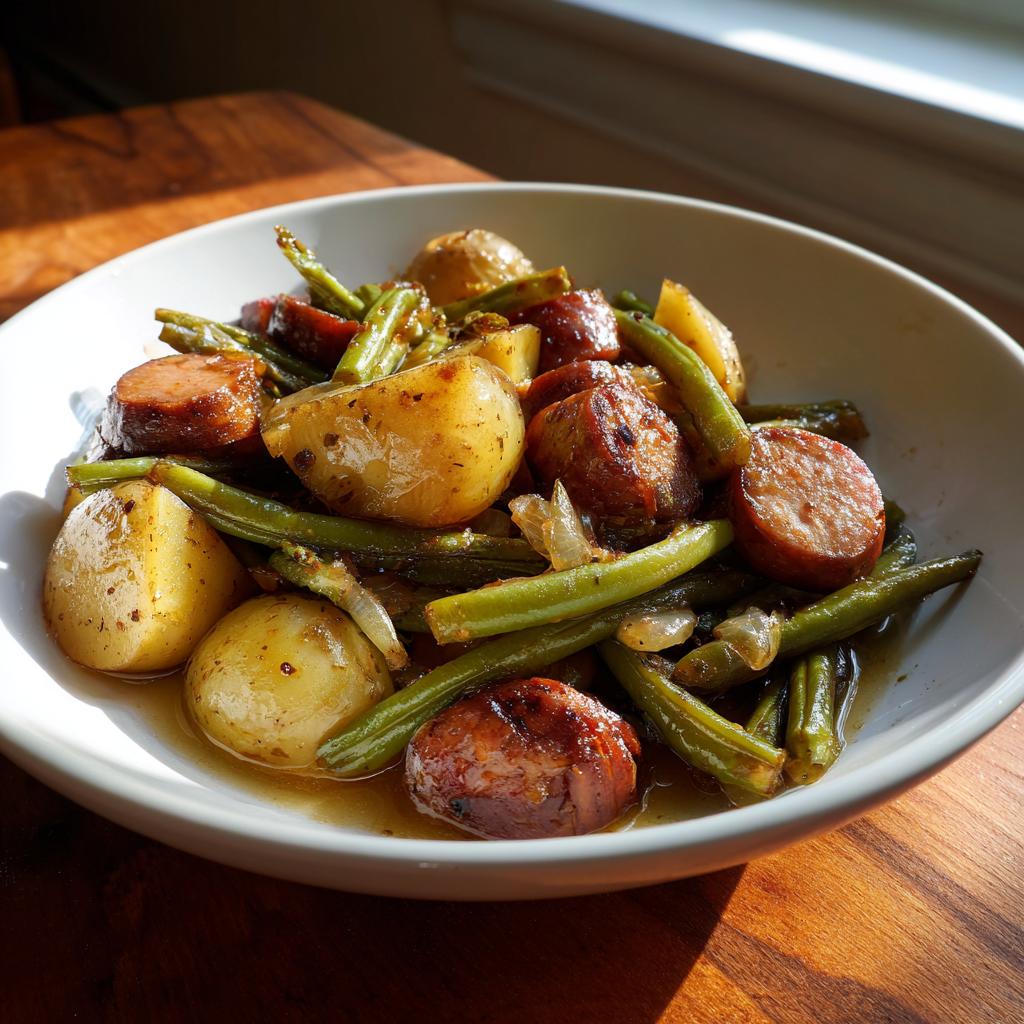 A white bowl filled with Crockpot Kielbasa and Green Beans, featuring sliced kielbasa, tender green beans, and small potatoes.