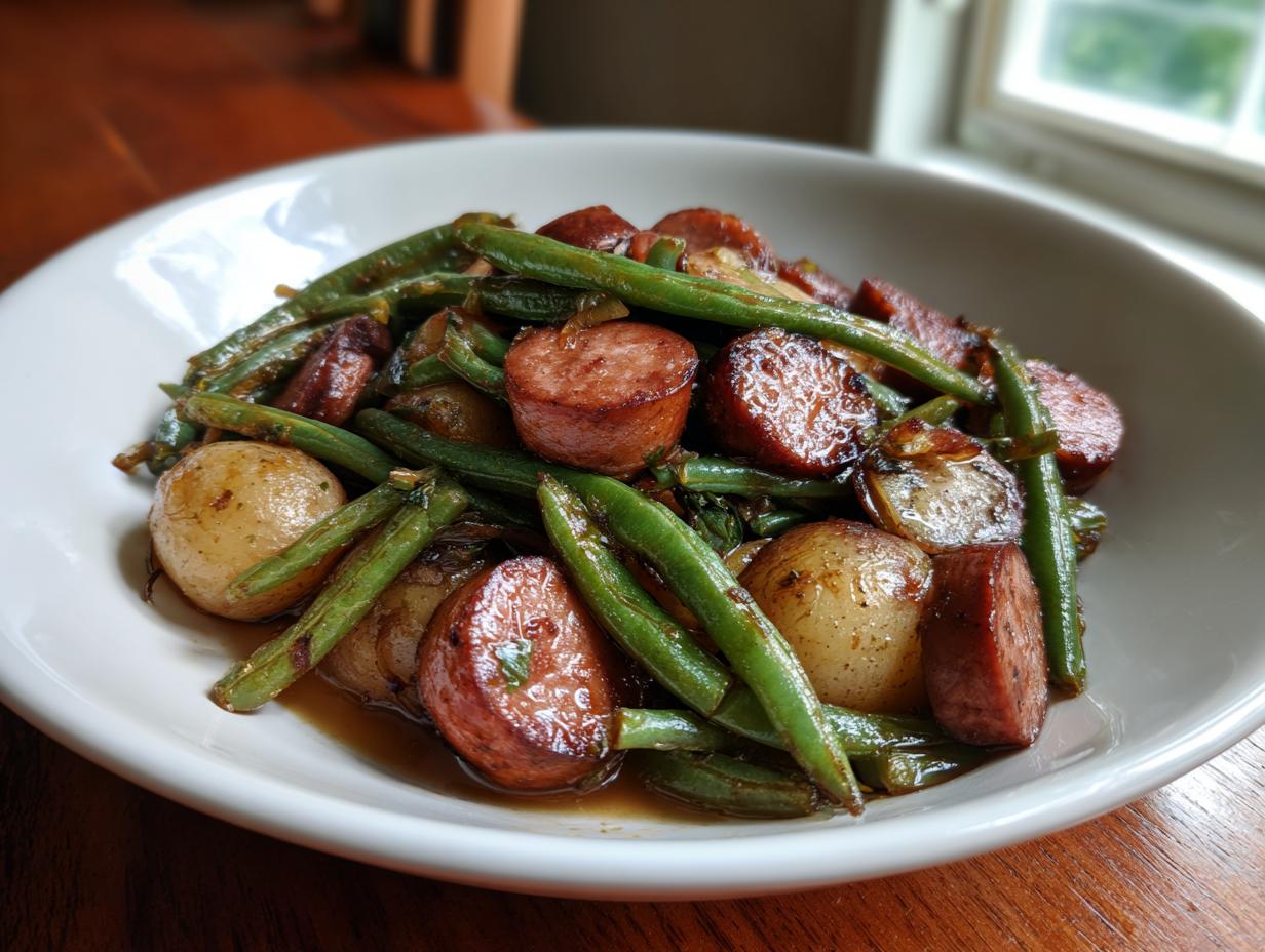 A close-up of a white bowl filled with Crockpot Kielbasa and Green Beans, featuring sliced kielbasa, whole baby potatoes, and green beans in a savory sauce.