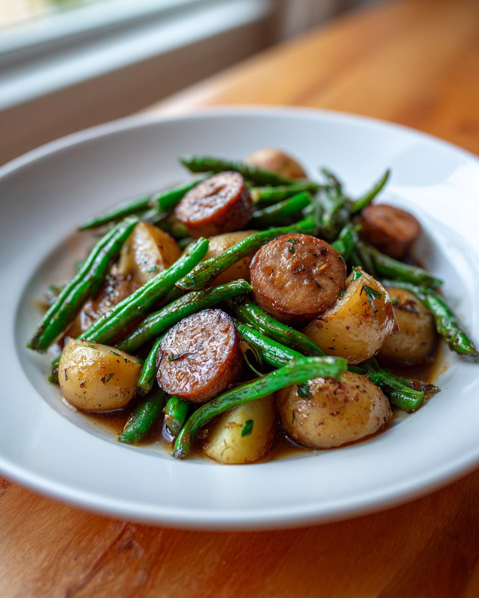 A close-up of a white bowl filled with Crockpot Kielbasa and Green Beans, featuring sliced kielbasa, small potatoes, and green beans in a savory sauce.