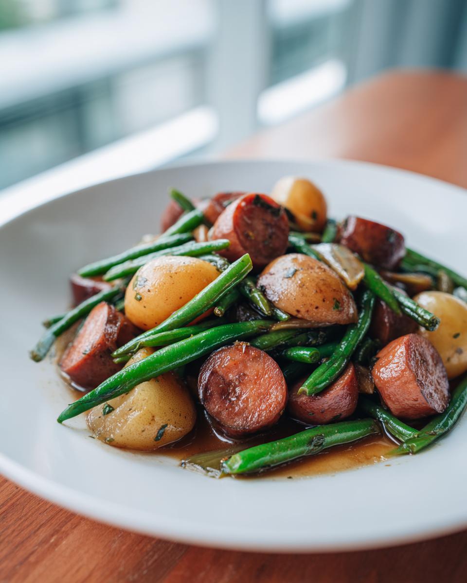 A close-up of a white plate filled with Crockpot Kielbasa and Green Beans, featuring sliced kielbasa, tender green beans, and small potatoes in a savory sauce.