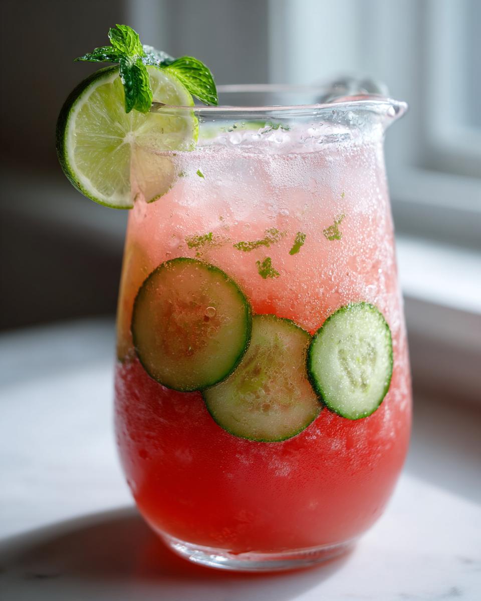 A refreshing glass of Cucumber Agua Fresca with watermelon, cucumber slices, mint, and a lime wedge.