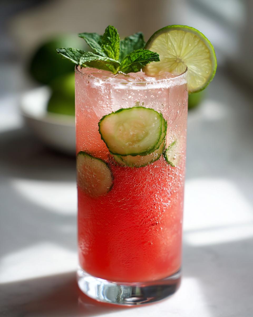 A tall glass of pink Cucumber Agua Fresca garnished with cucumber slices, mint, and lime.