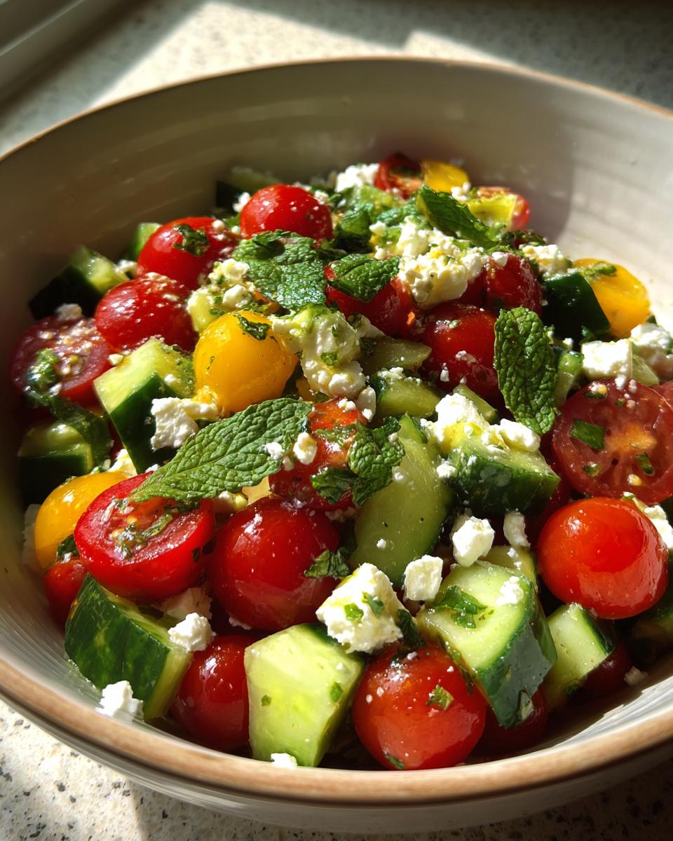 Fresh summer salad with cucumber, tomato, and feta cheese, perfect for cookouts.