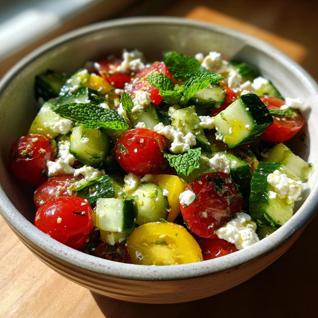 A refreshing summer salad with cucumber, cherry tomatoes, feta cheese, and mint.