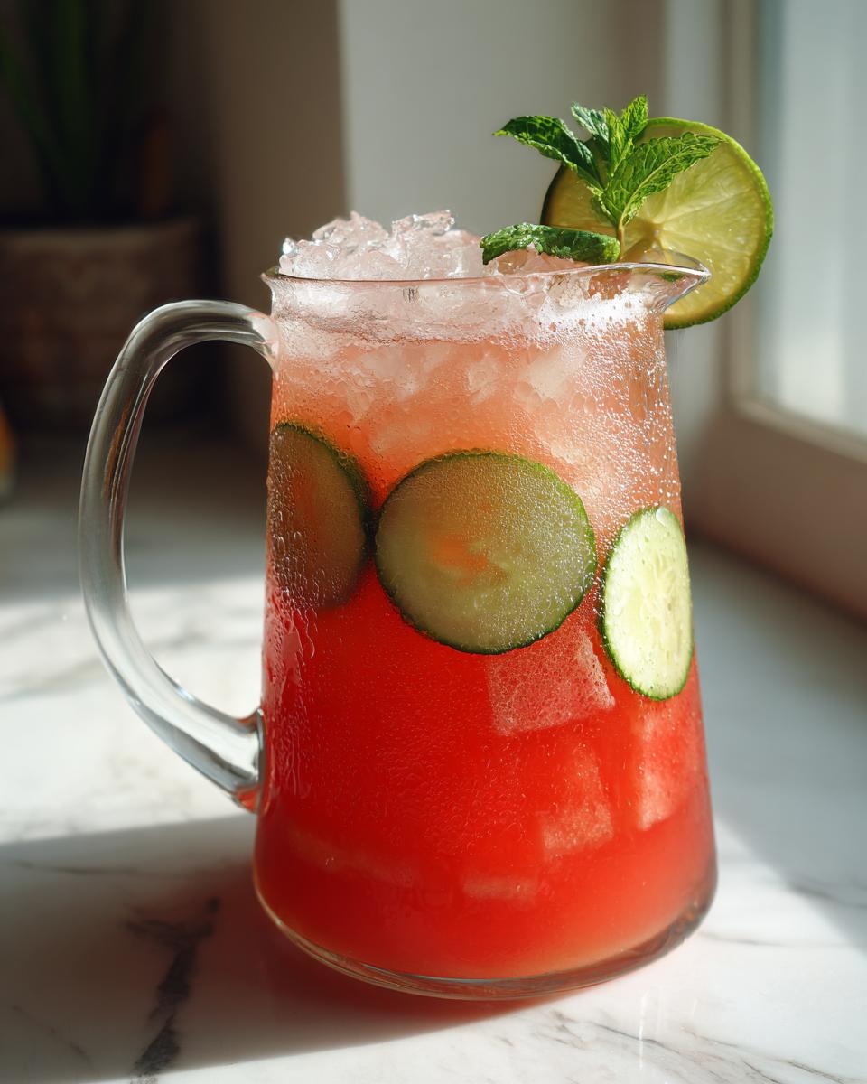 A pitcher filled with vibrant pink Cucumber Watermelon Agua Fresca, garnished with cucumber slices, lime, and mint.