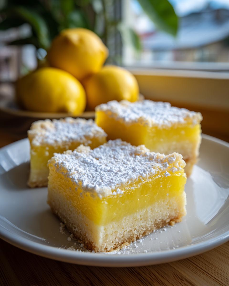 Three dessert bars with a bright yellow lemon filling and a shortbread crust, dusted with powdered sugar.