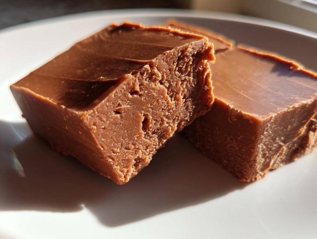 Close-up of rich, chocolatey peanut butter fudge squares on a white plate, perfect for dessert recipes.