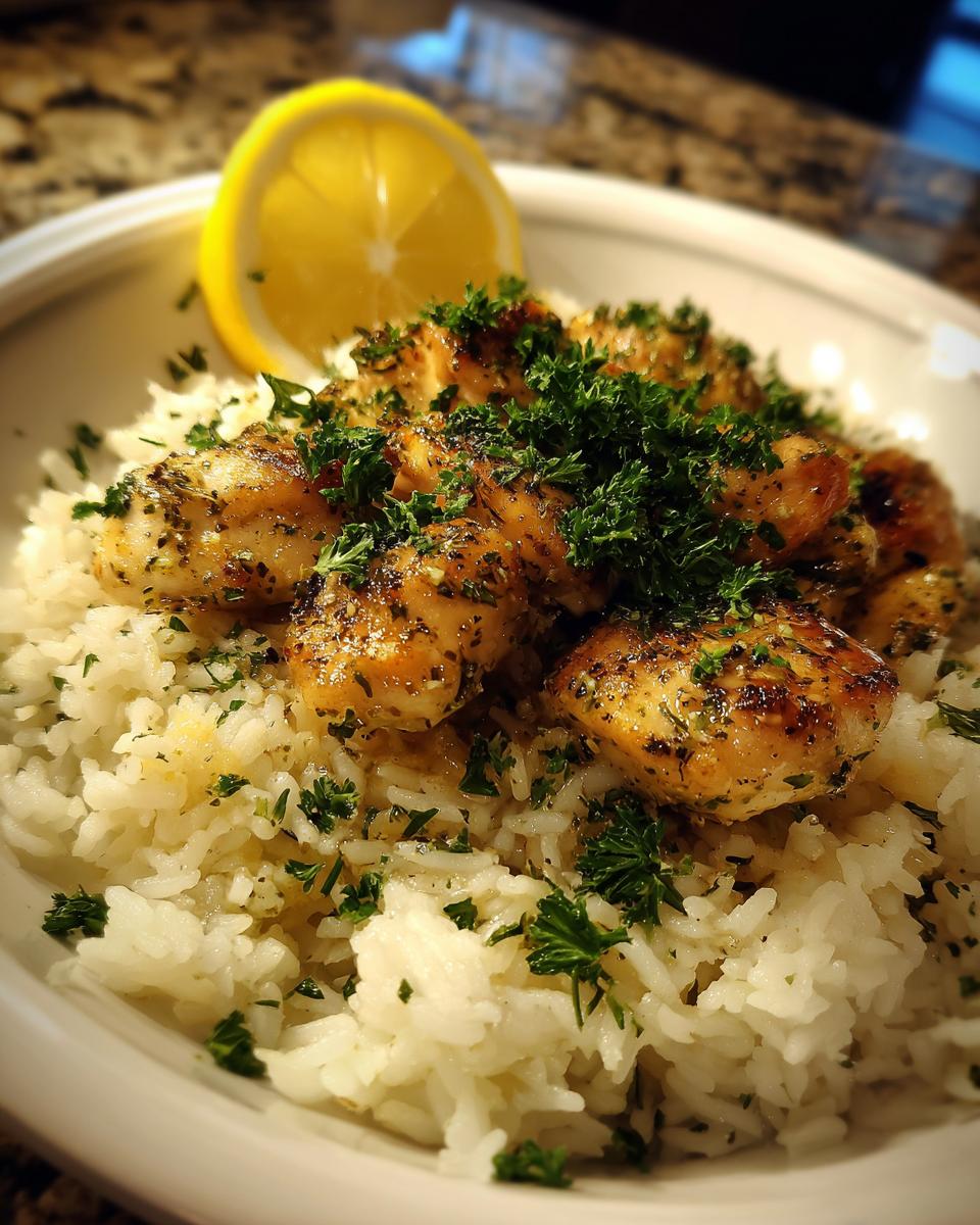 Close-up of a bowl of fluffy white rice topped with golden brown garlic butter chicken pieces and fresh parsley, garnished with a lemon slice.