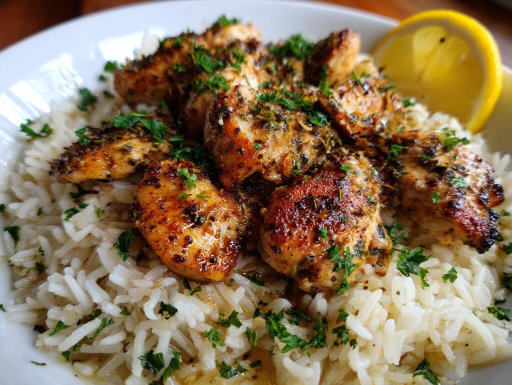 Close-up of juicy garlic butter chicken pieces served over fluffy white rice, garnished with parsley and a lemon wedge.