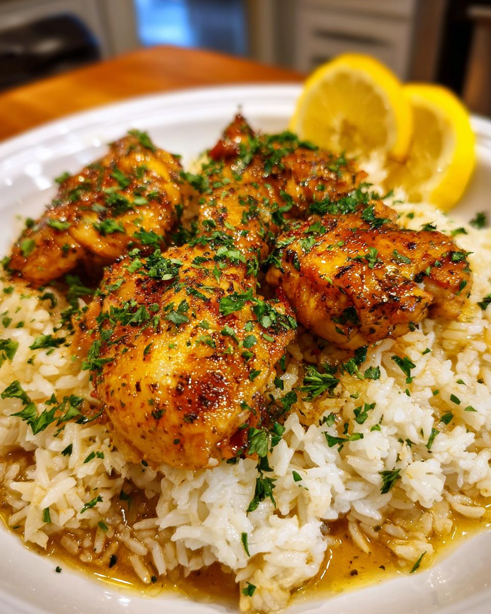 A close-up of succulent garlic butter chicken served over fluffy white rice, garnished with fresh parsley and lemon slices.