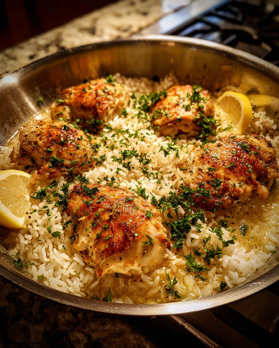 A skillet filled with fluffy rice and golden-brown chicken thighs, garnished with fresh parsley and lemon wedges. Easy dinner recipe.