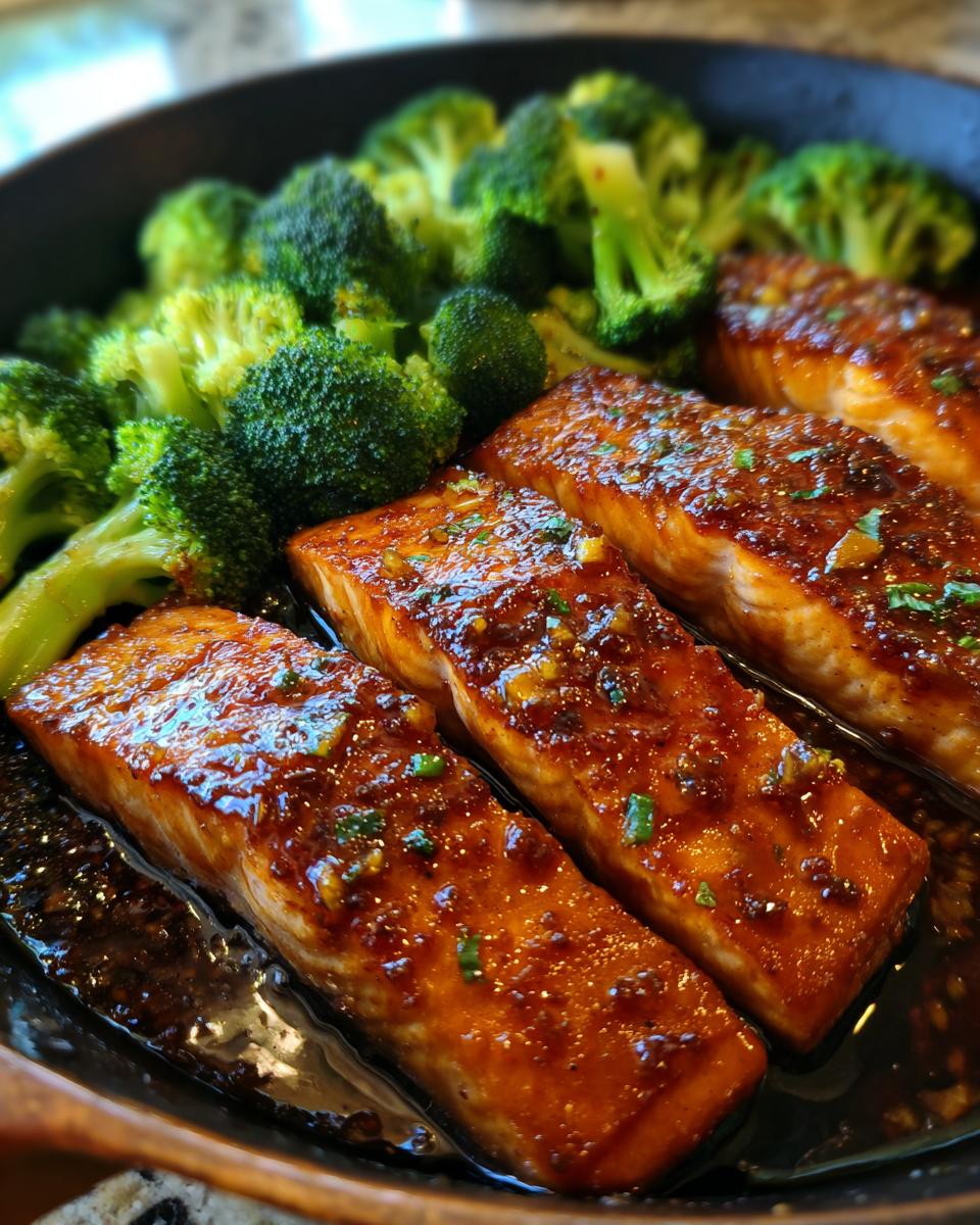 Close-up of four honey garlic salmon fillets with steamed broccoli in a pan, showcasing a glossy glaze.