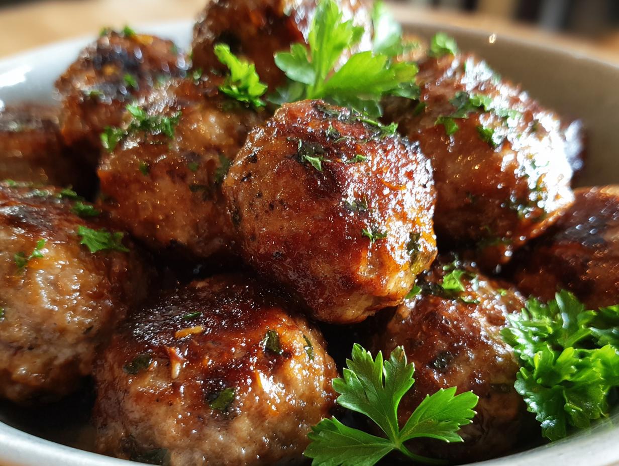 Close-up of a bowl filled with glistening baked meatballs, garnished with fresh parsley, perfect for easy dinner recipes.