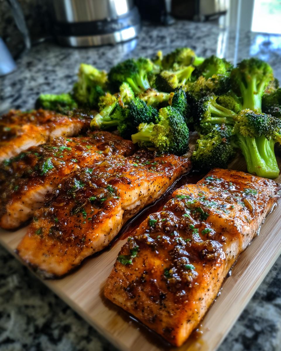 Close-up of glazed honey garlic salmon fillets served with roasted broccoli, perfect for easy dinner recipes.
