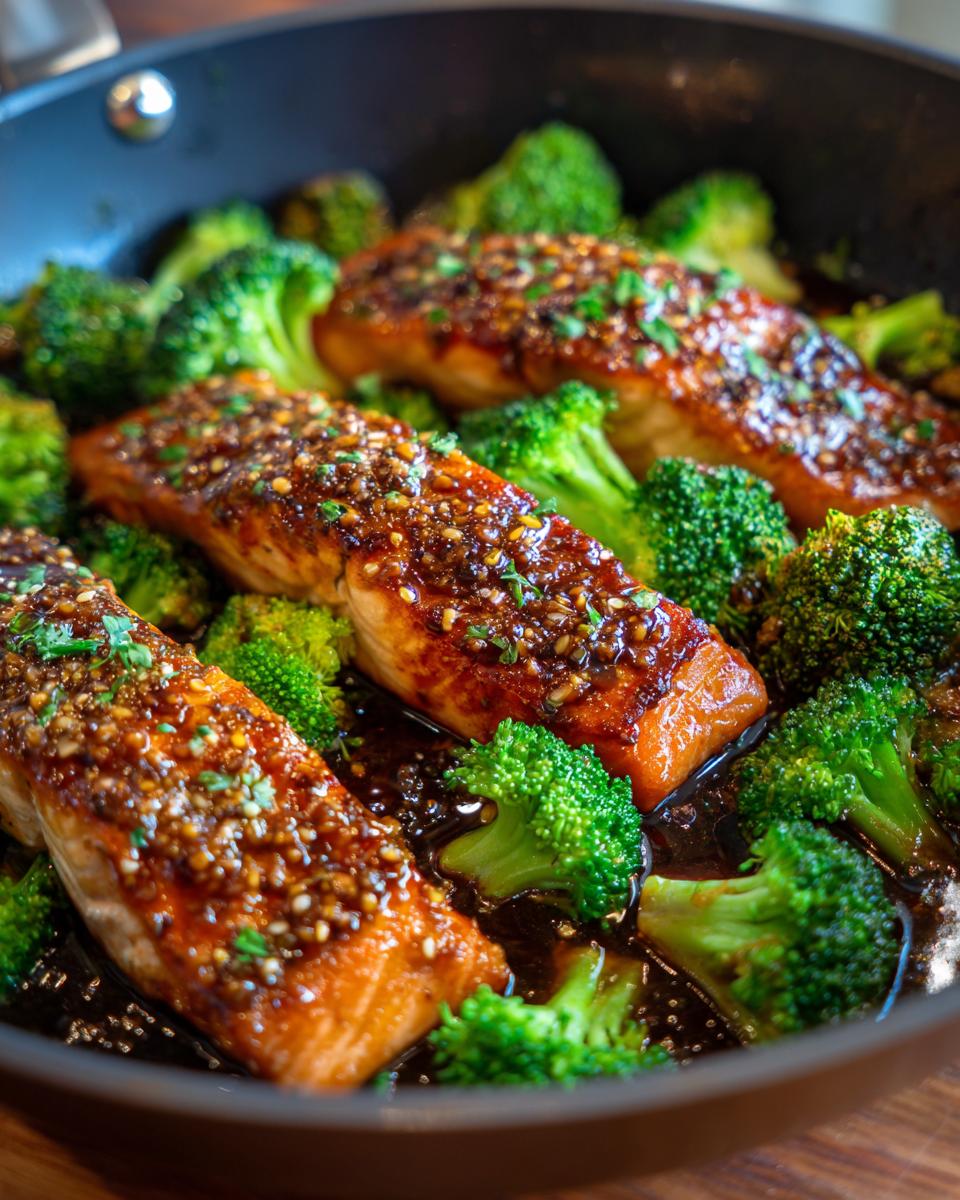 Close-up of honey garlic salmon fillets with broccoli florets in a skillet, part of easy dinner recipes.
