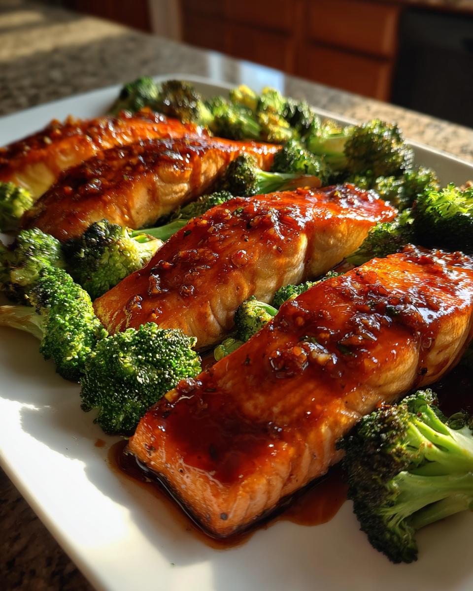 Four pieces of glazed honey garlic salmon served with roasted broccoli florets on a white platter, perfect for easy dinner recipes.