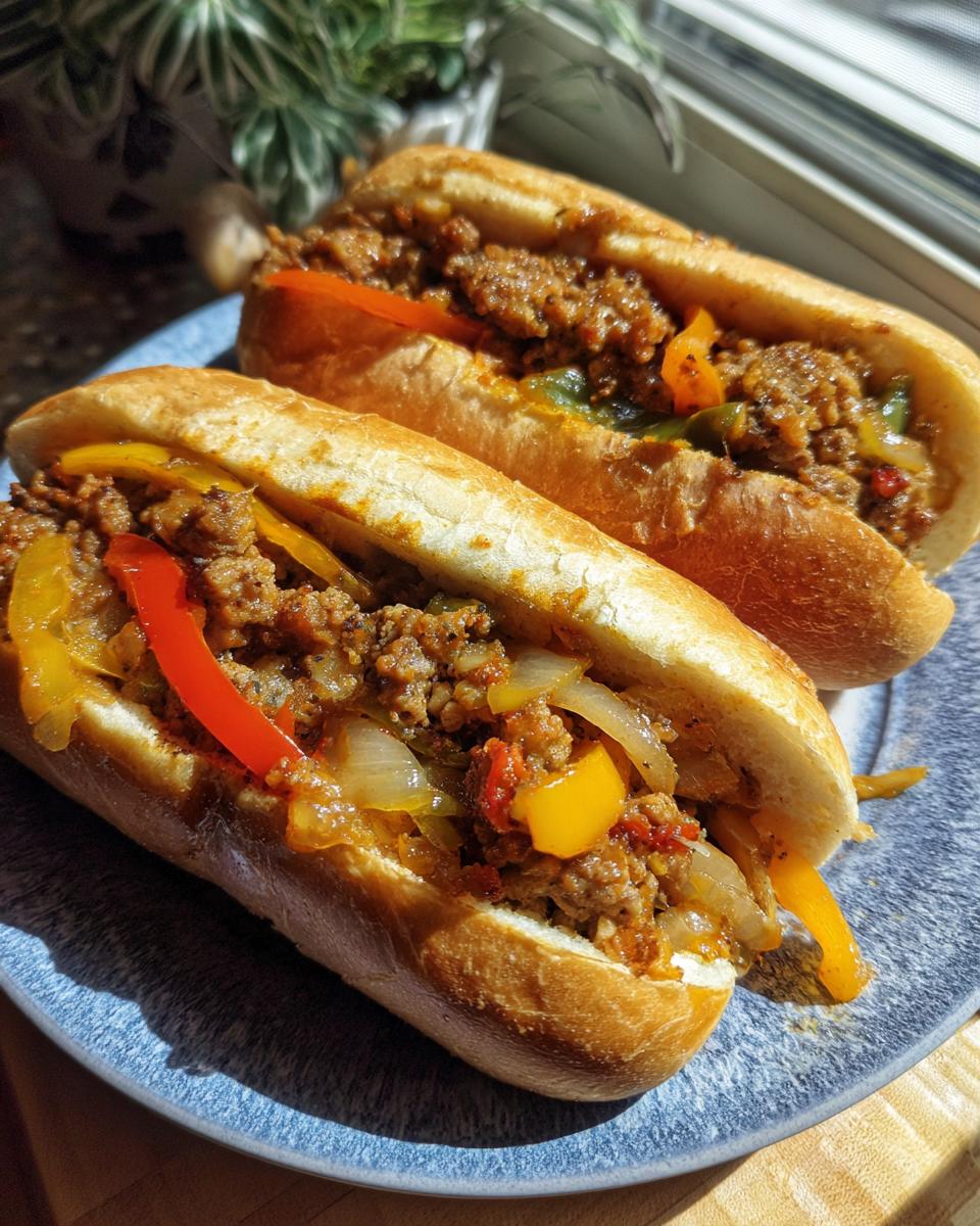 Two delicious sausage and peppers sandwiches on buns, filled with ground sausage, onions, and colorful bell peppers.