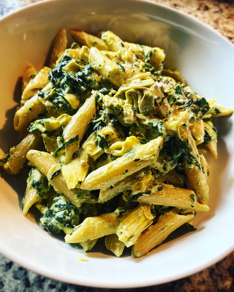 A bowl of creamy spinach artichoke pasta with penne noodles, featuring wilted spinach and artichoke hearts.