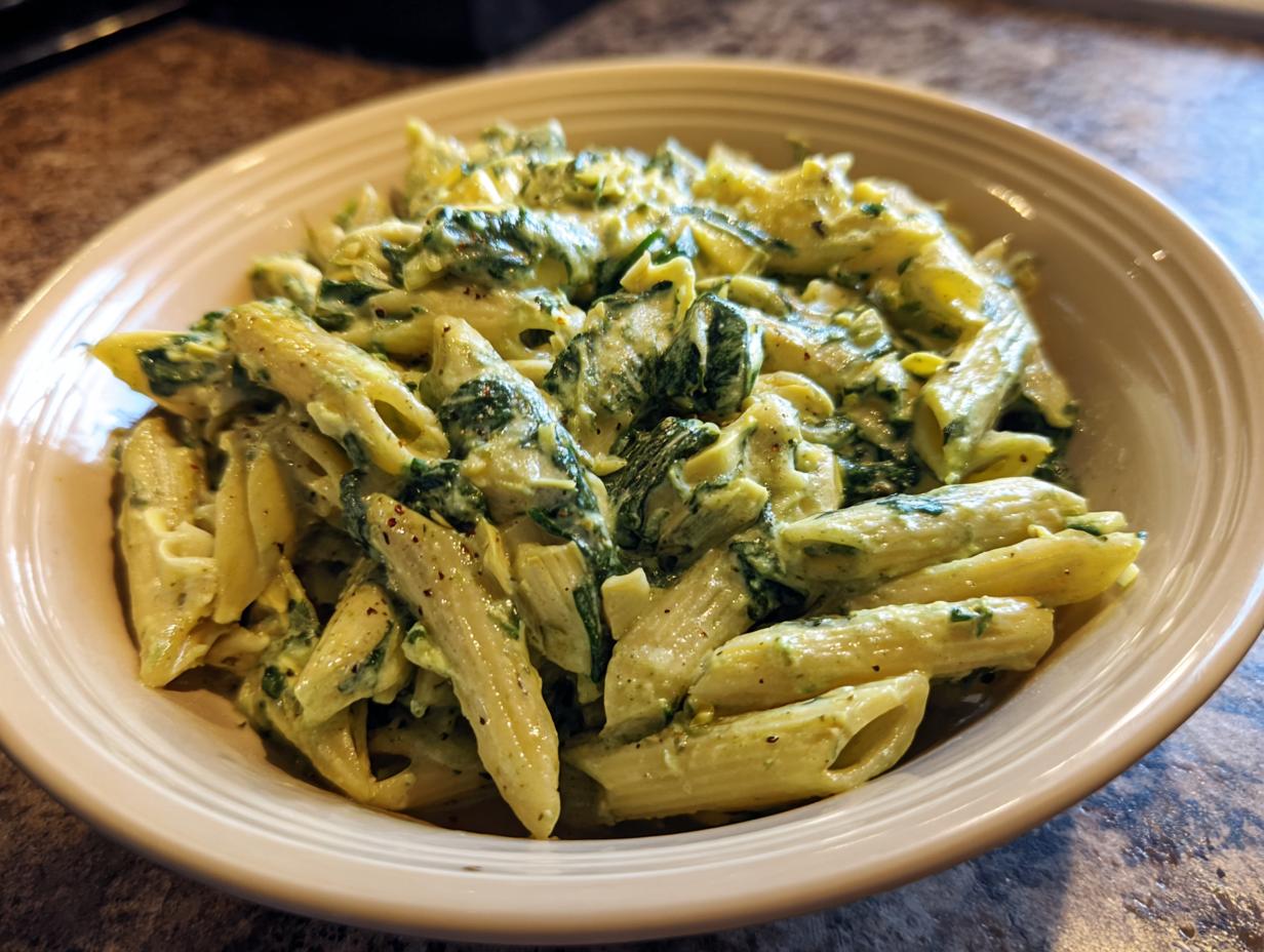 A bowl of creamy spinach artichoke pasta with penne noodles, a delicious and easy dinner recipe.