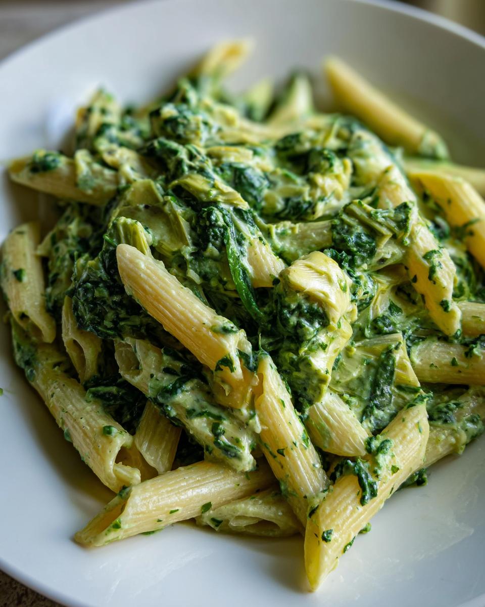 A close-up of creamy spinach artichoke pasta with penne noodles, a perfect easy dinner recipe.