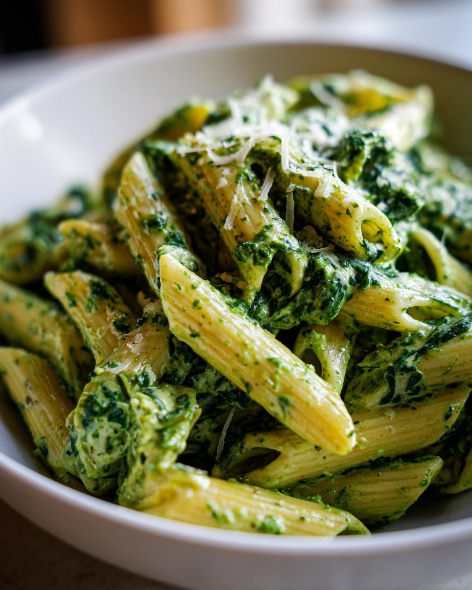 Close-up of creamy spinach artichoke pasta with penne noodles, topped with grated cheese.