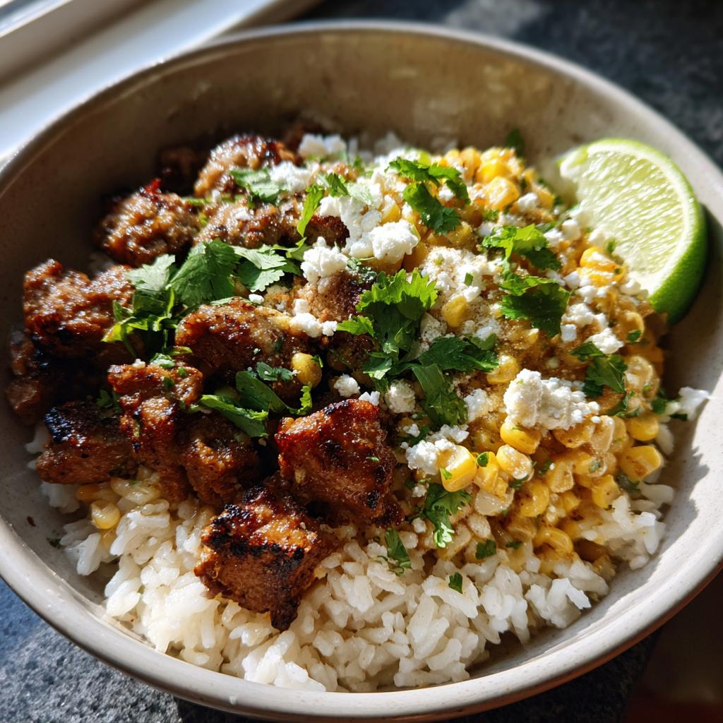 A close-up of an Easy Street Corn Chicken Bowl featuring seasoned chicken, corn, rice, crumbled cheese, cilantro, and a lime wedge.