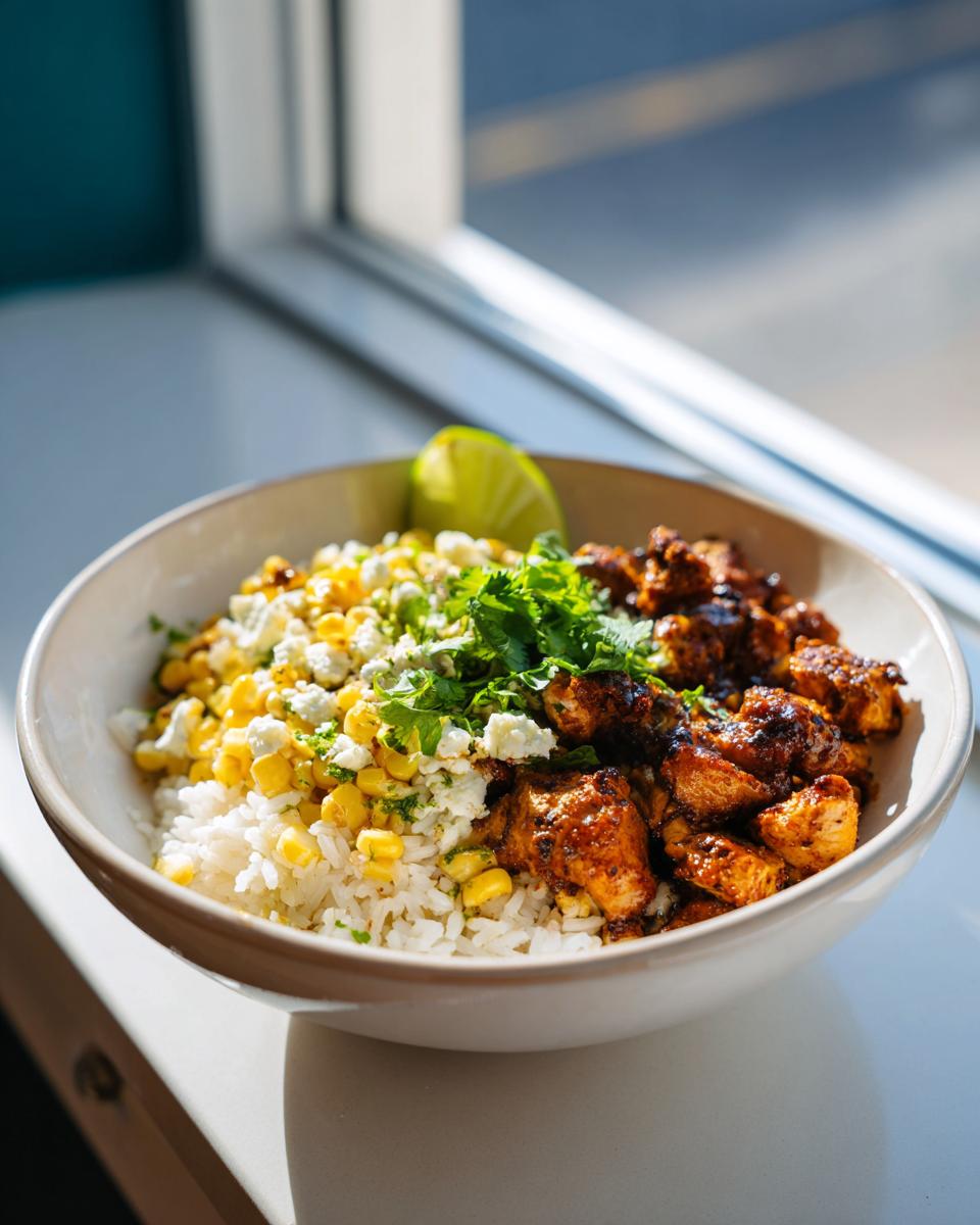 A delicious Easy Street Corn Chicken Bowl with rice, corn, crumbled cheese, cilantro, and a lime wedge.