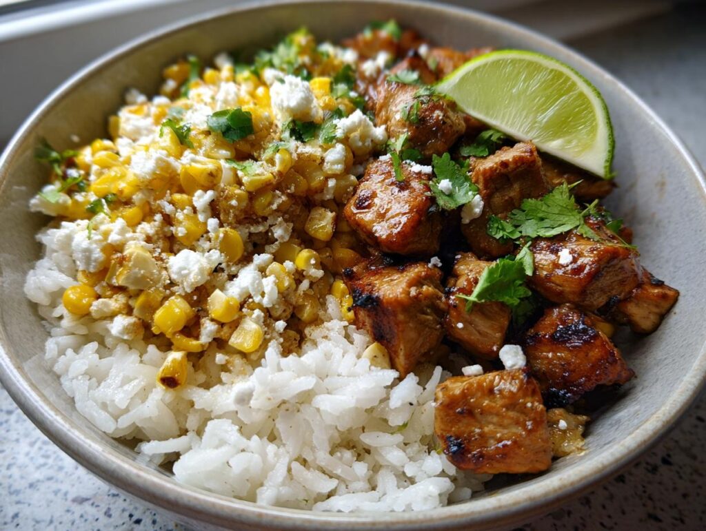 A delicious Easy Street Corn Chicken Bowl featuring rice, seasoned chicken, corn, crumbled cheese, and cilantro, topped with a lime wedge.