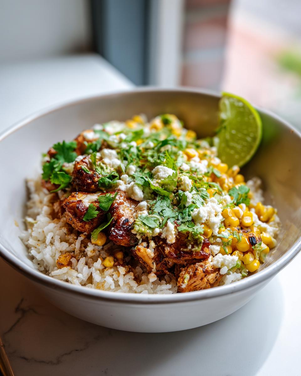 A close-up of an Easy Street Corn Chicken Bowl, featuring rice, seasoned chicken, corn, crumbled cheese, cilantro, and a lime wedge.