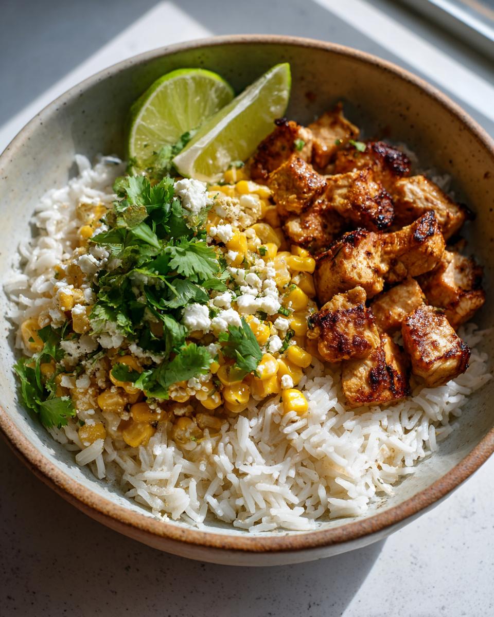 A vibrant Easy Street Corn Chicken Bowl featuring seasoned chicken, corn, rice, cilantro, crumbled cheese, and lime wedges.