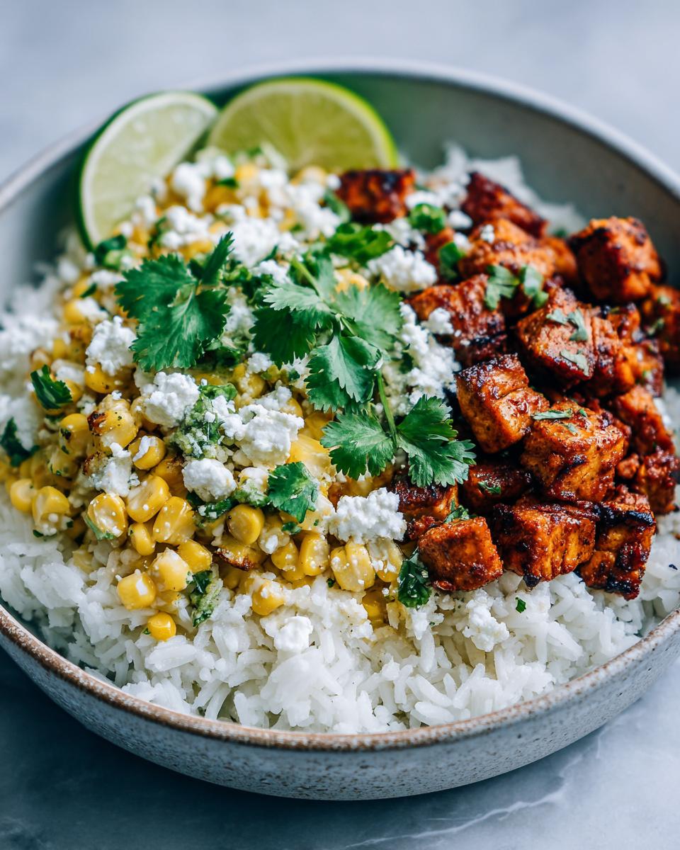 A close-up of an Easy Street Corn Chicken Bowl featuring rice, seasoned chicken, corn, crumbled cheese, cilantro, and lime wedges.