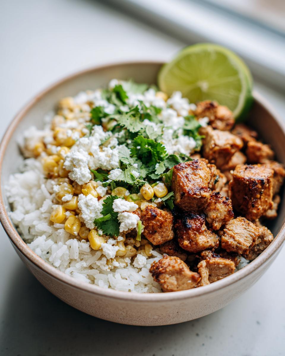 A close-up of an Easy Street Corn Chicken Bowl featuring rice, corn, crumbled cheese, chicken pieces, and a lime wedge.