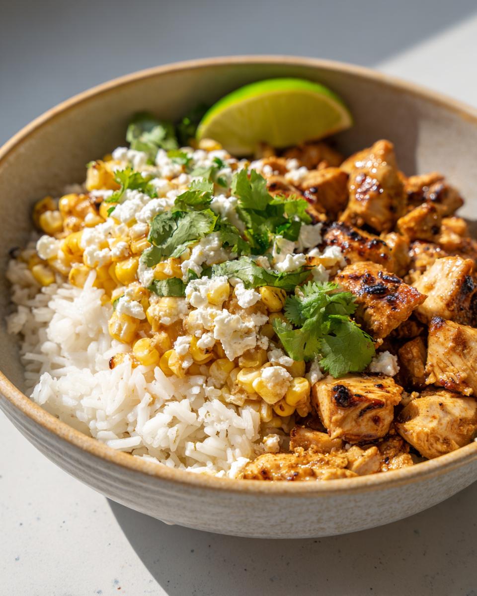 Close-up of an Easy Street Corn Chicken Bowl with rice, grilled chicken, corn, crumbled cheese, cilantro, and a lime wedge.