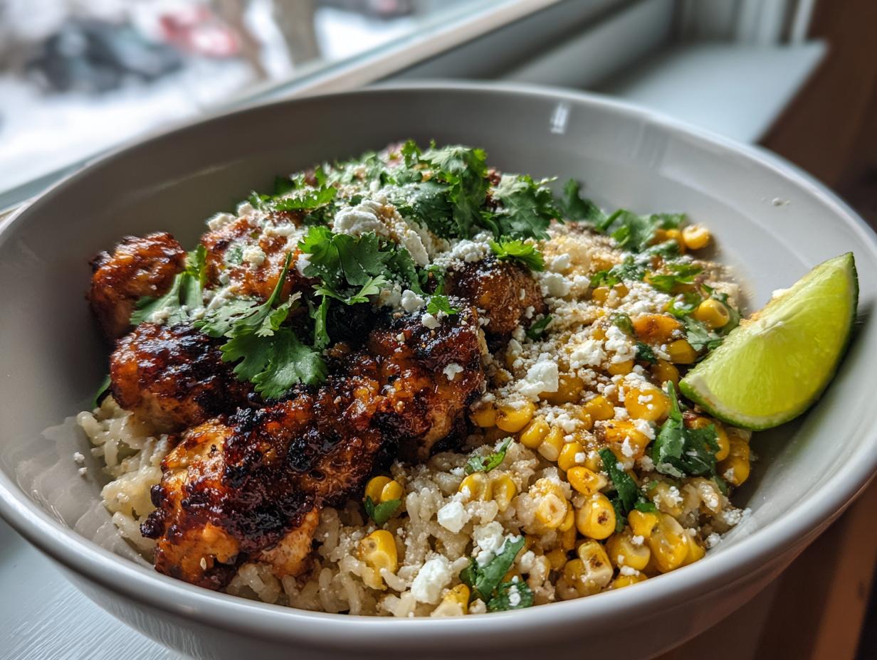 A close-up of an Easy Street Corn Chicken Bowl featuring seasoned chicken, corn, rice, crumbled cheese, and cilantro, garnished with a lime wedge.