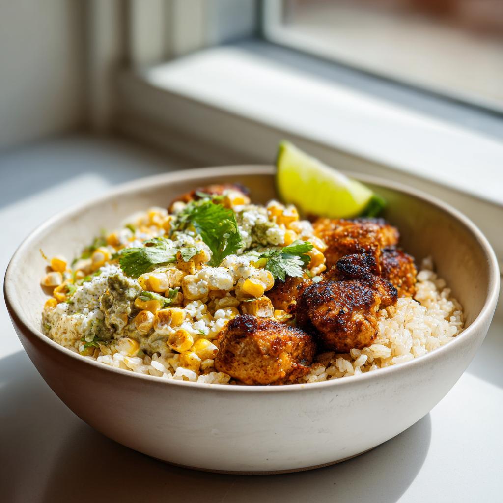 A close-up of an Easy Street Corn Chicken Bowl with rice, seasoned chicken, corn, cilantro, and a lime wedge.