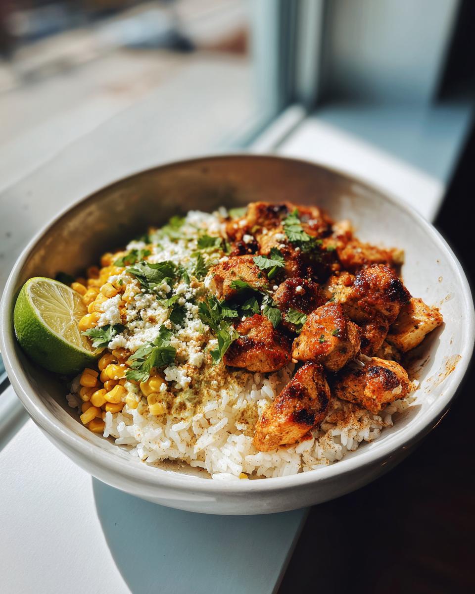 A close-up of an Easy Street Corn Chicken Bowl with rice, corn, crumbled cheese, cilantro, and seasoned chicken.