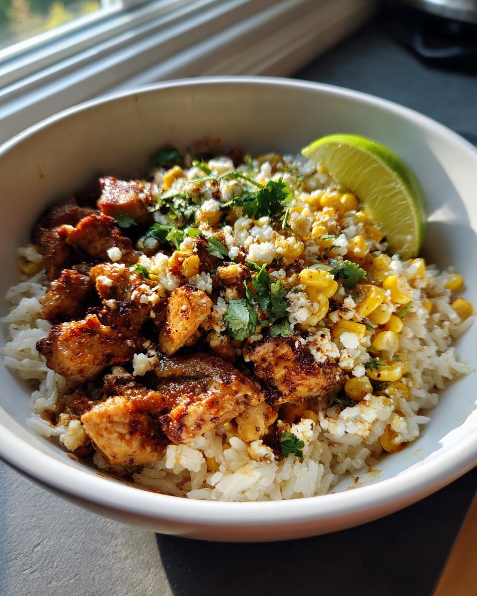 A close-up of an Easy Street Corn Chicken Bowl, featuring seasoned chicken, rice, corn, crumbled cheese, cilantro, and a lime wedge.
