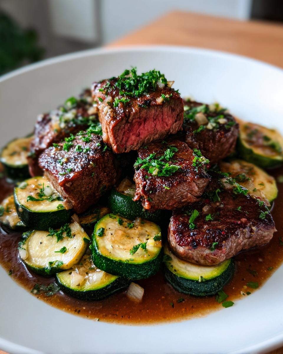 Juicy garlic butter steak bites served over tender zucchini slices in a rich sauce.