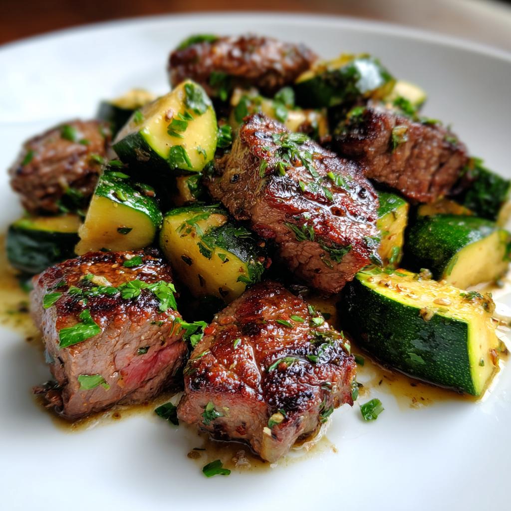 Close-up of juicy garlic butter steak bites with tender zucchini chunks, garnished with fresh parsley.