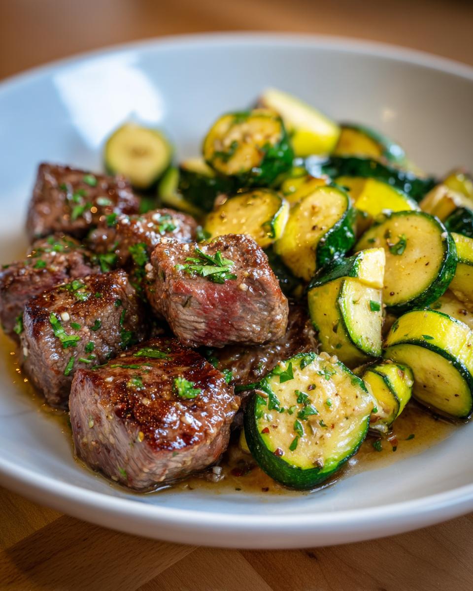 Close-up of tender steak bites and sautéed zucchini slices in a garlic butter sauce, garnished with parsley.
