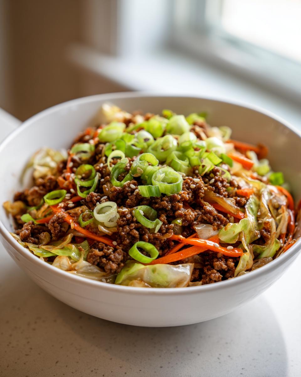 A close-up of a white bowl filled with Egg Roll in a Bowl, featuring ground meat, cabbage, carrots, and green onions.