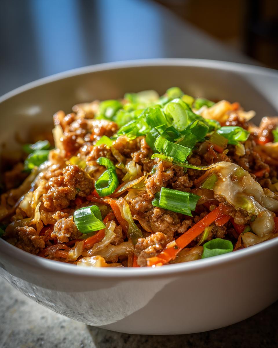 A close-up of a white bowl filled with Egg Roll in a Bowl, topped with fresh green onions.