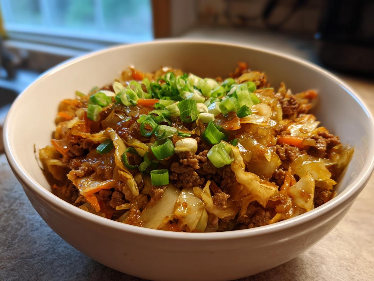 A close-up of a white bowl filled with a savory Egg Roll in a Bowl, topped with fresh green onions.
