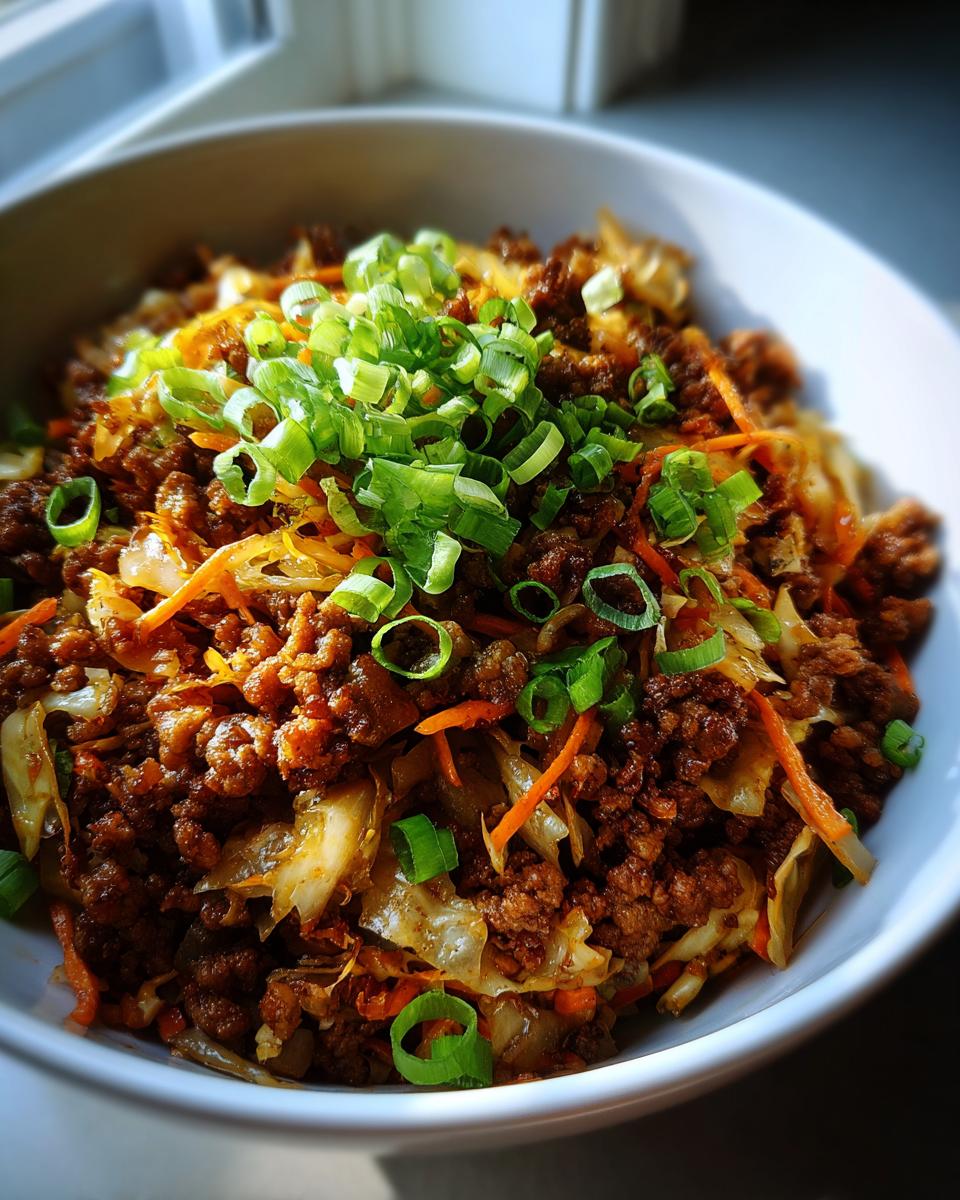 A close-up of a white bowl filled with Egg Roll in a Bowl, topped with fresh green onions.