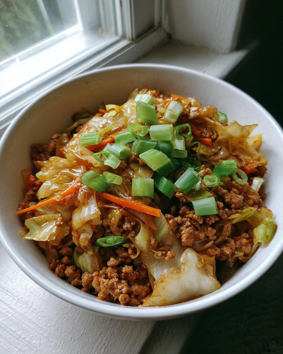 A close-up of a white bowl filled with delicious Egg Roll in a Bowl, topped with fresh green onions.
