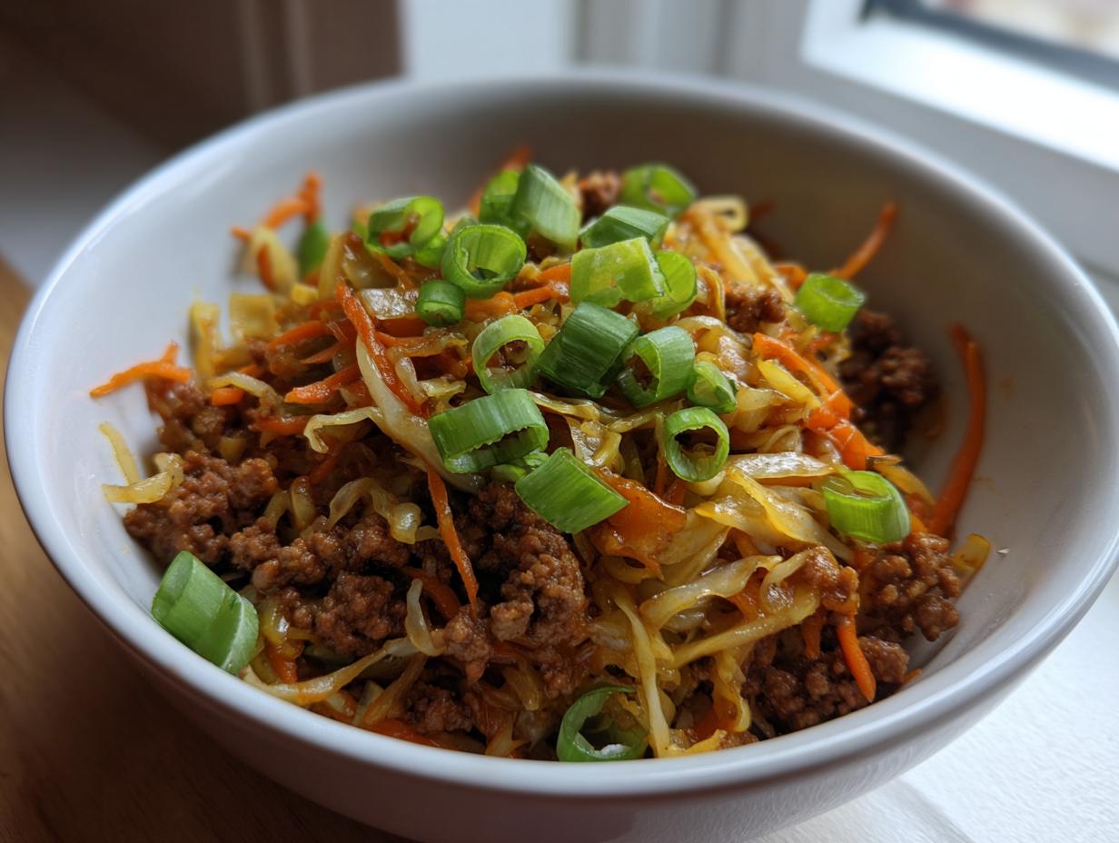 A close-up of a white bowl filled with Egg Roll in a Bowl, featuring ground meat, shredded cabbage, carrots, and topped with fresh green onions.