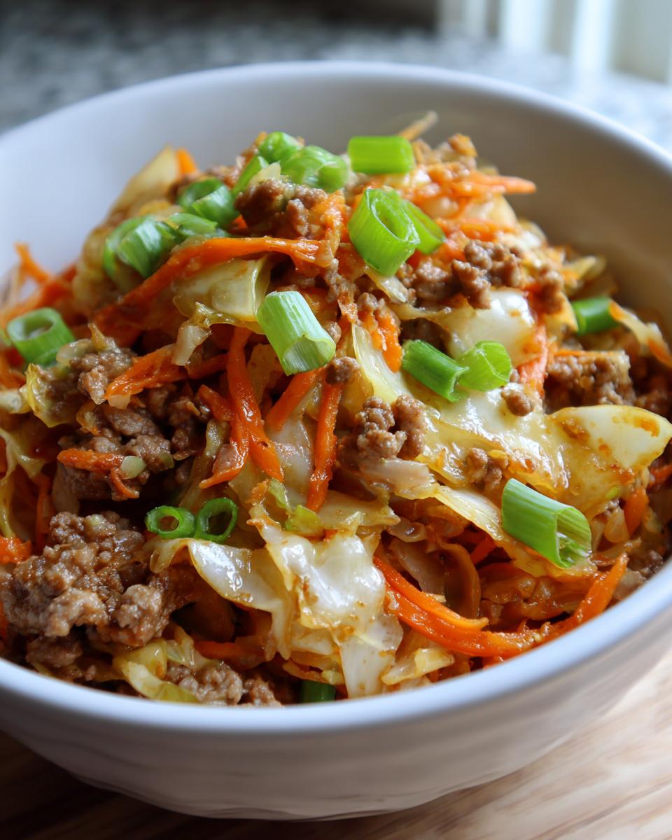 A close-up of a white bowl filled with a colorful Egg Roll in a Bowl, featuring ground meat, shredded cabbage, carrots, and chopped green onions.
