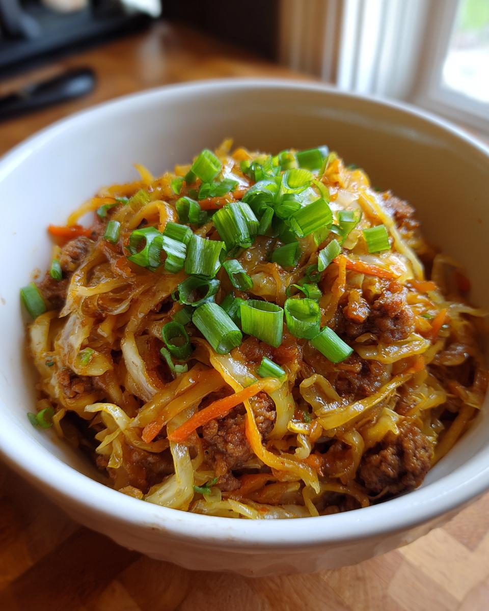 A close-up of a white bowl filled with Egg Roll in a Bowl, topped with fresh chopped green onions.