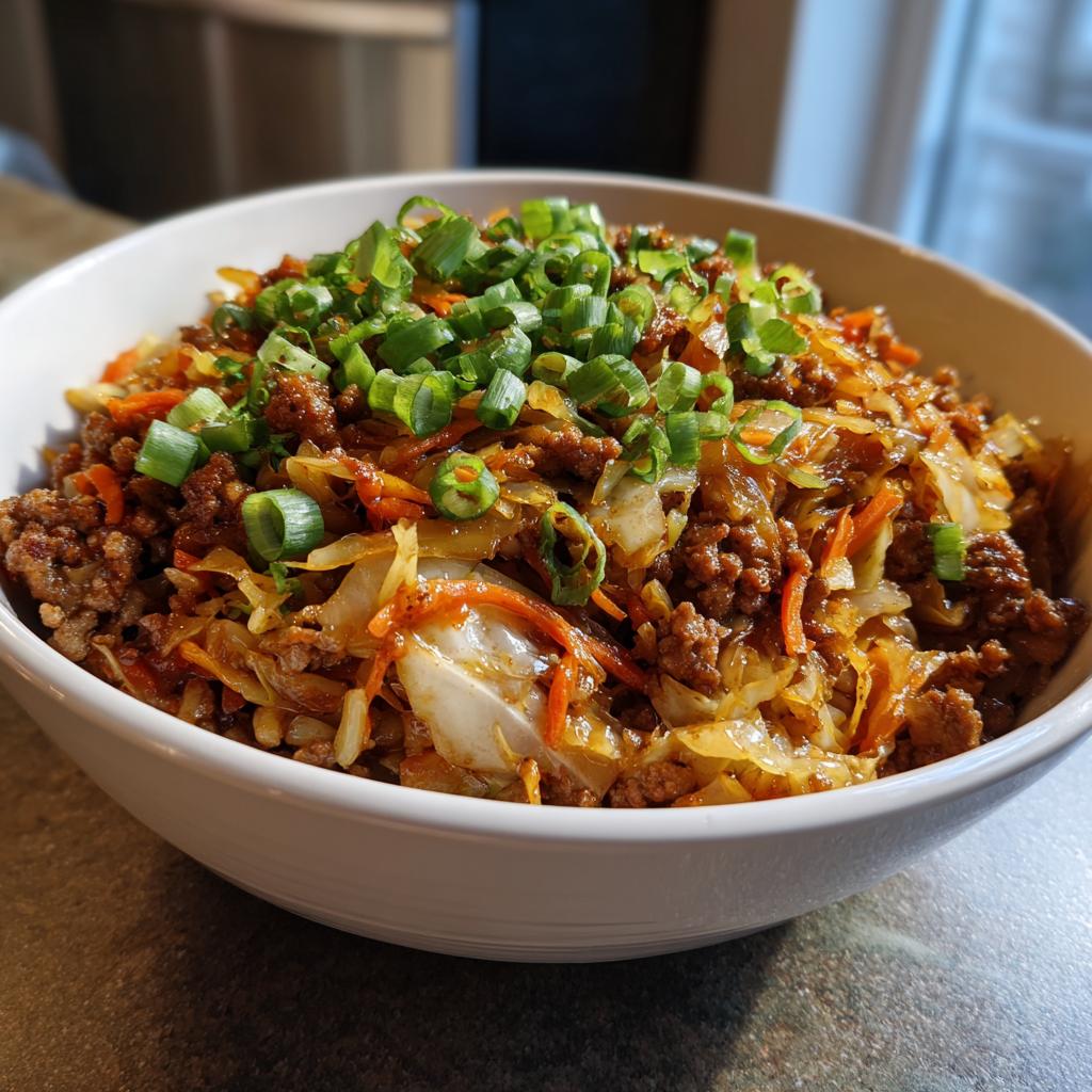 A close-up of a white bowl filled with a savory Egg Roll in a Bowl, topped with fresh chopped green onions.
