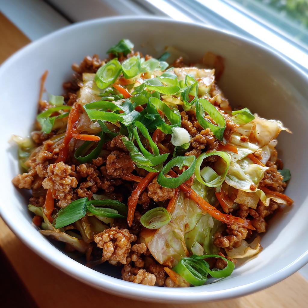 A close-up shot of a white bowl filled with a flavorful Egg Roll in a Bowl, topped with fresh green onions.